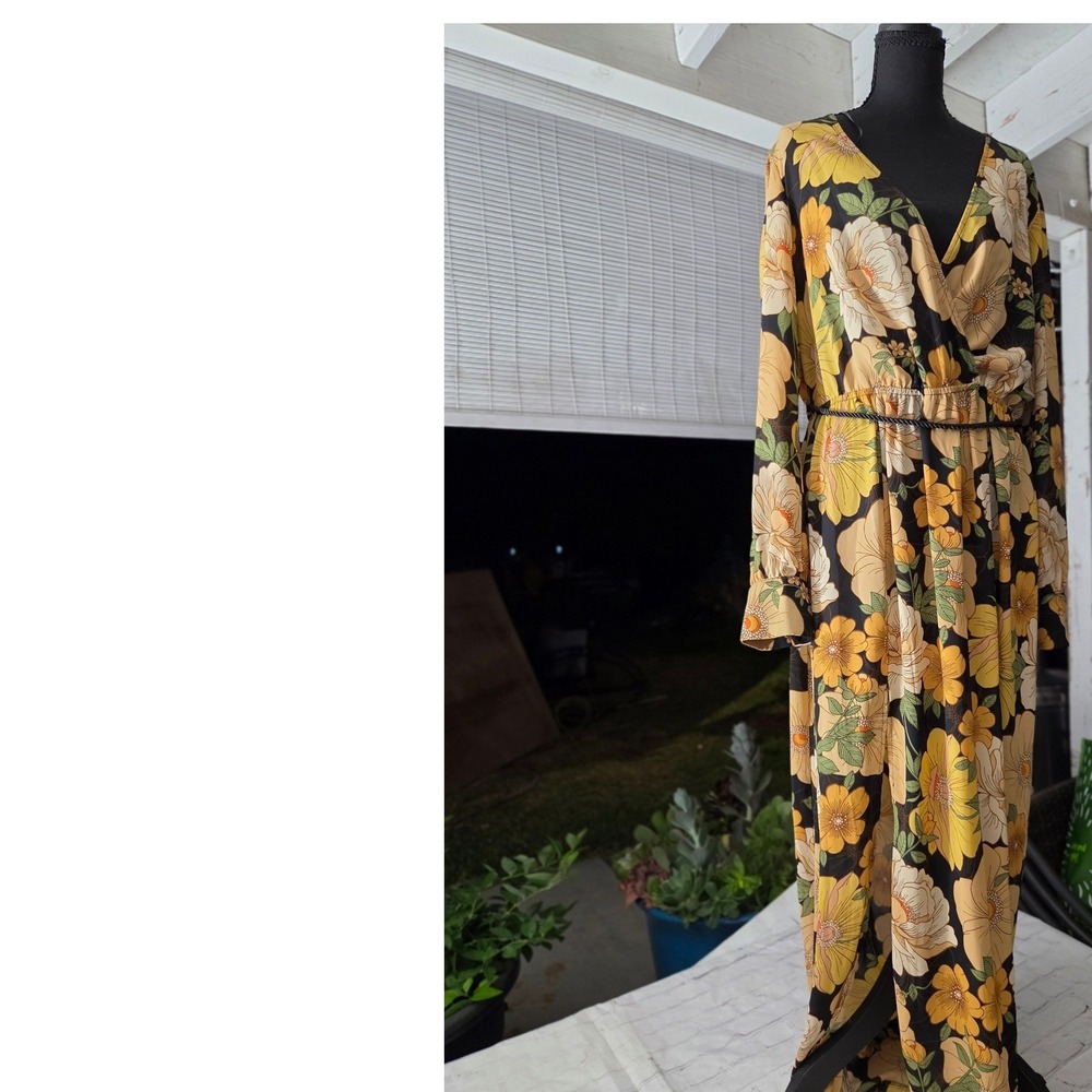 Yellow Floral Long Sleeve Maxi Dress V-Neck Wrap Front Slit Boho 70s Style
